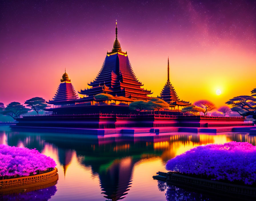 Colorful Asian pagodas silhouetted against purple and orange sunset sky over tranquil water with