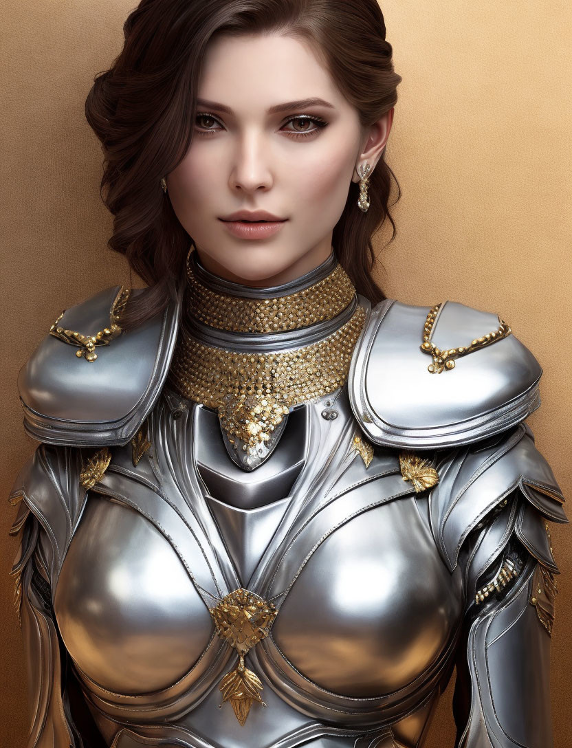 Detailed digital artwork of a woman in silver armor with golden accents on tan backdrop