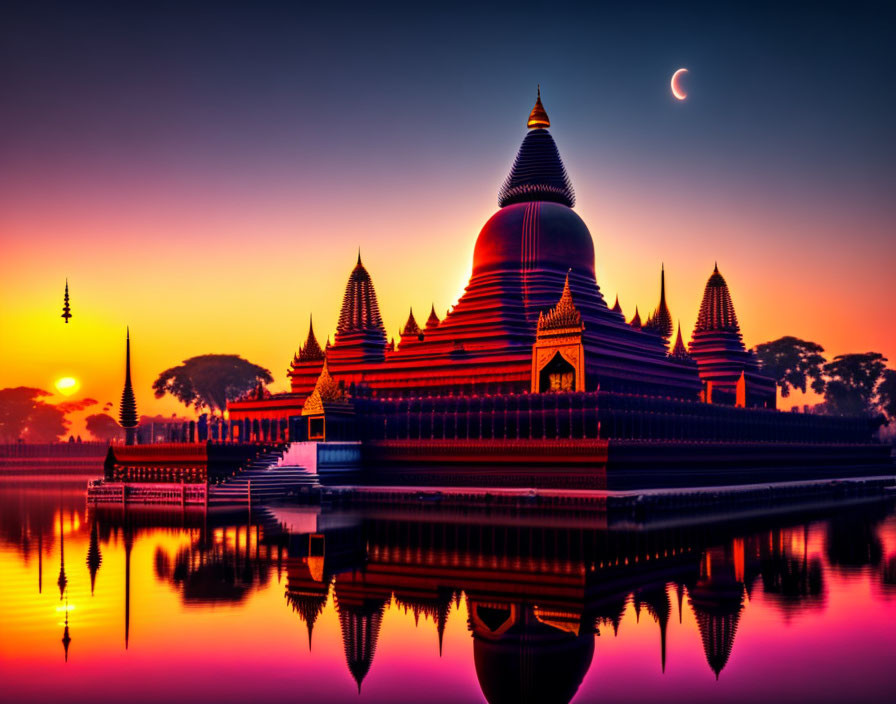 Colorful sunset sky behind silhouetted temple and crescent moon reflected on water.