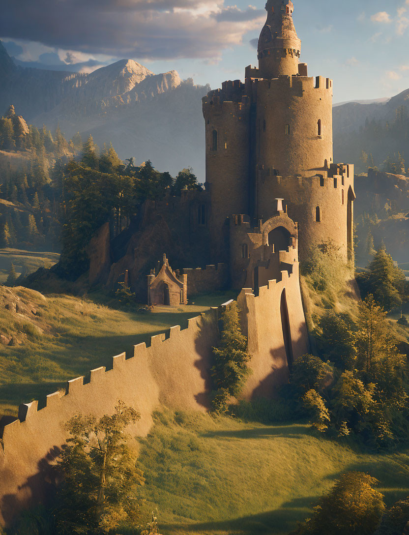 Stone castle in golden sunlight with defensive wall, lush greenery, and dramatic mountains.