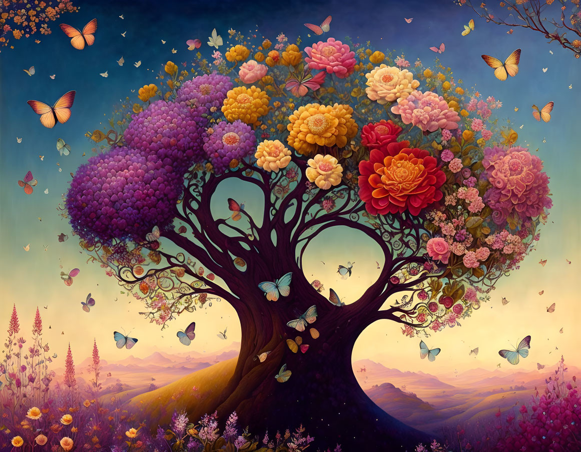 Colorful Tree Illustration with Flowers, Butterflies, and Twilight Sky