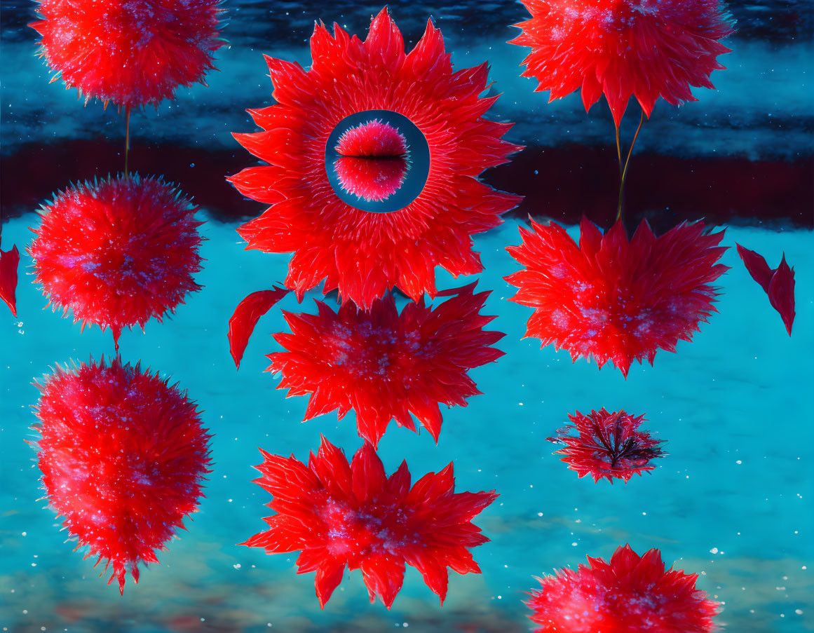 Vibrant red spiky flowers on tranquil blue water surface