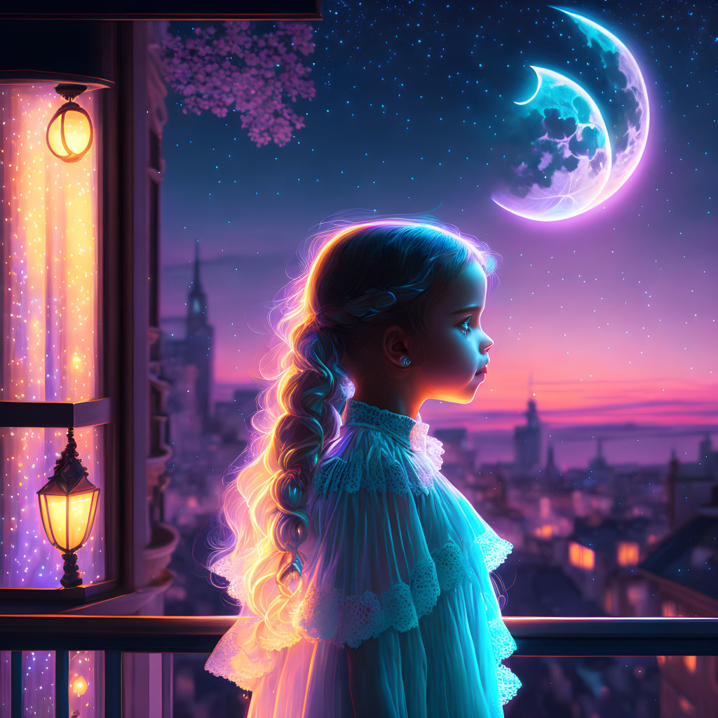 Young girl on balcony admiring twilight cityscape with crescent moon and stars.
