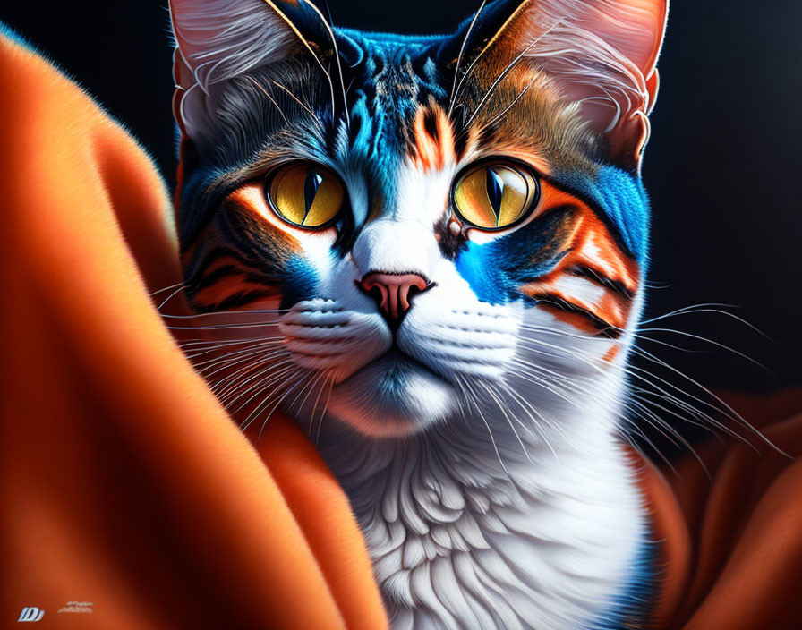 Digitally Illustrated Colorful Cat with Striking Yellow Eyes and White Fur