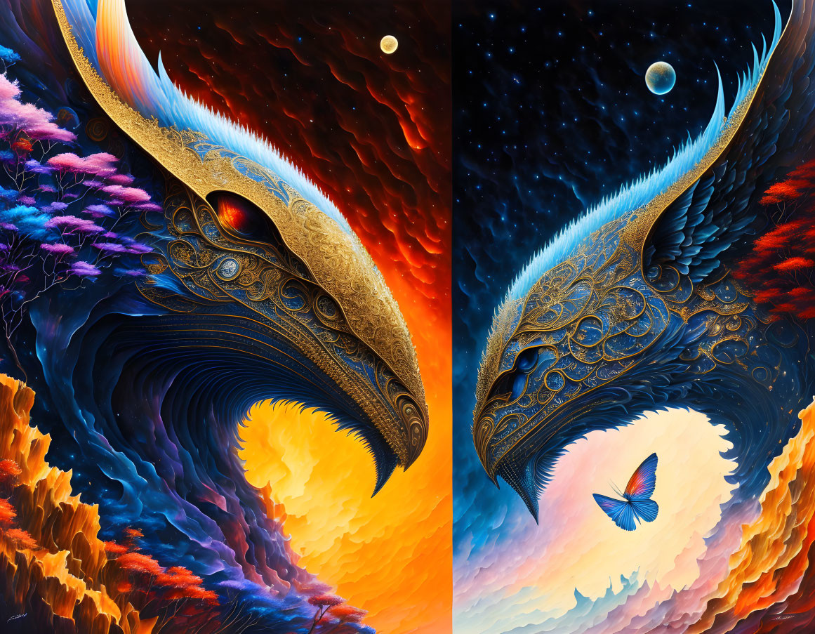 Vibrant digital artwork: Mirrored wing-like structures with intricate patterns on cosmic background.