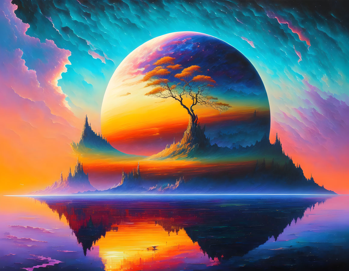 Surreal landscape with massive moon, tree, colorful skies, and reflective water