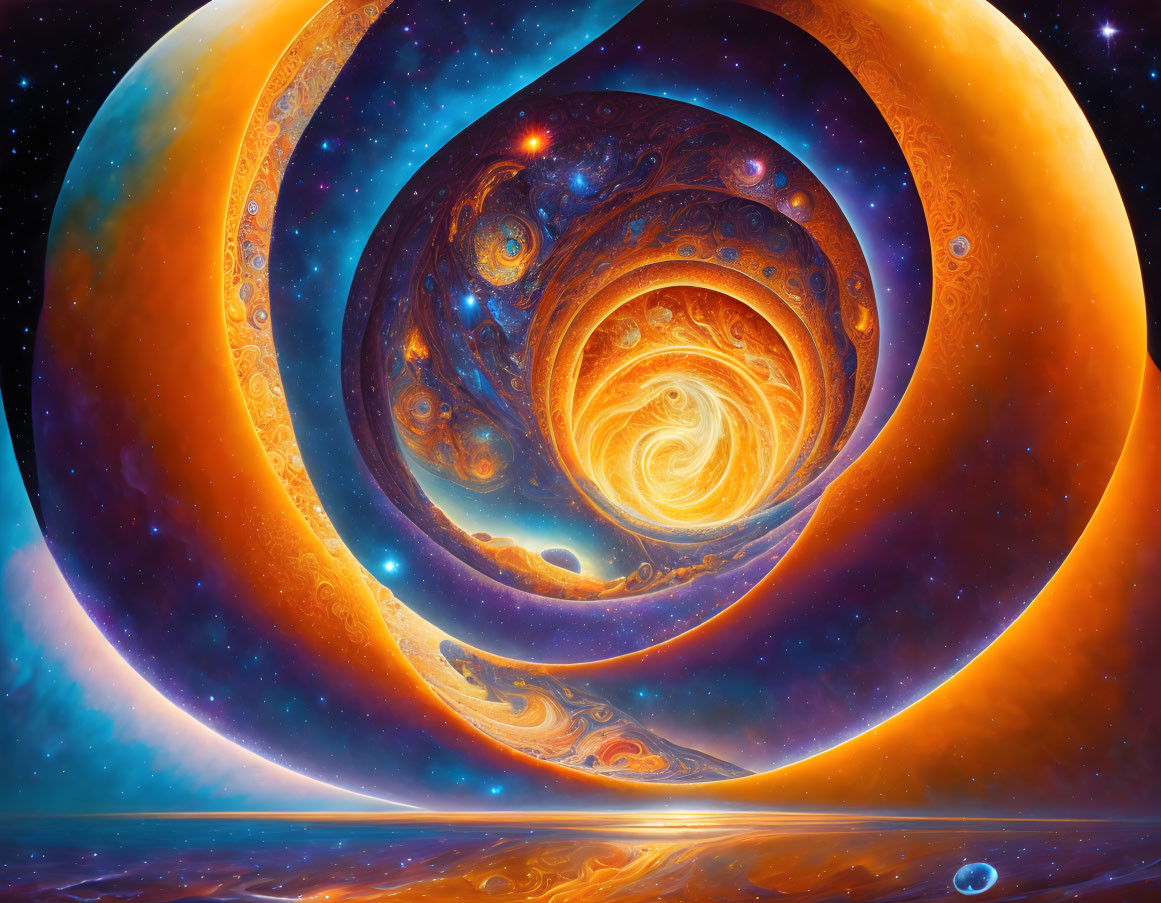 Swirling Orange and Blue Celestial Bodies Reflecting on Glass-Like Water