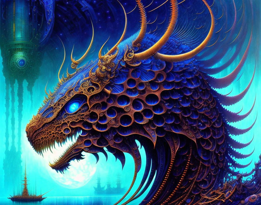 Majestic blue and gold dragon in fantastical digital art
