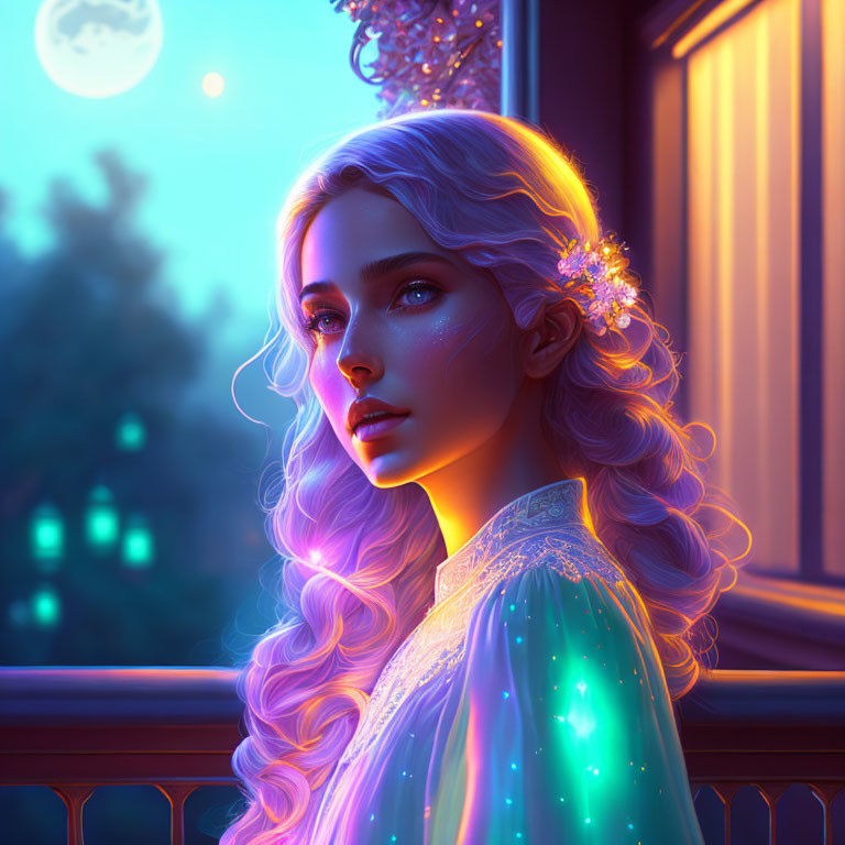 Fantasy illustration of woman with glowing white hair gazing out window at night sky
