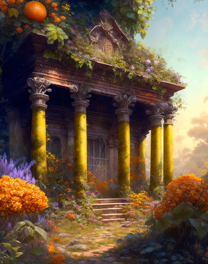 Overgrown ancient temple with vibrant foliage and flowers.