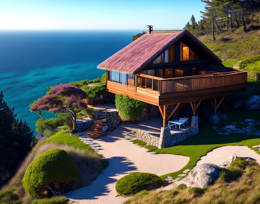 Cliffside wooden house with ocean view and gardens