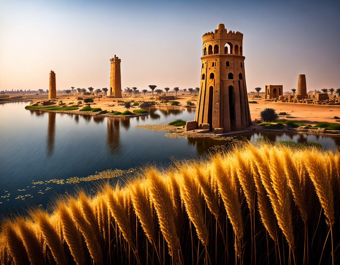 Ancient fortress towers by serene lake with golden wheat and clear blue sky