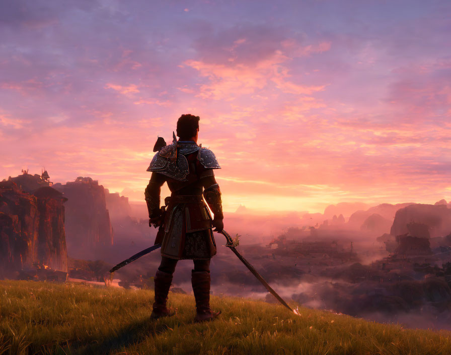 Armored warrior gazes at stunning sunset over rocky terrain