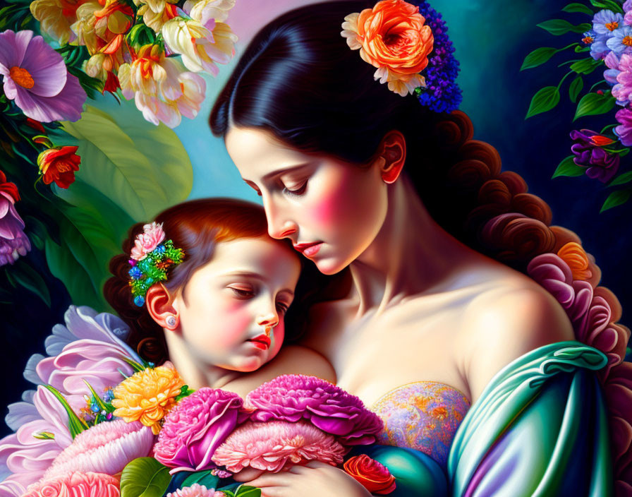 Colorful painting of woman cradling sleeping child in flower-filled scene