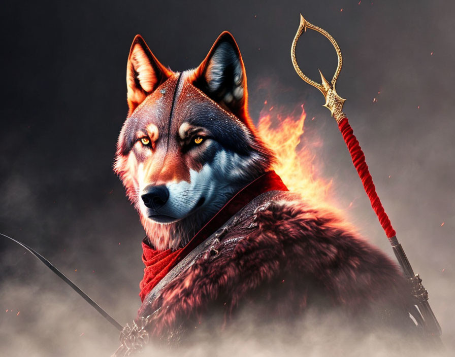 Anthropomorphic wolf warrior in armor with fiery backdrop and golden-bladed weapon
