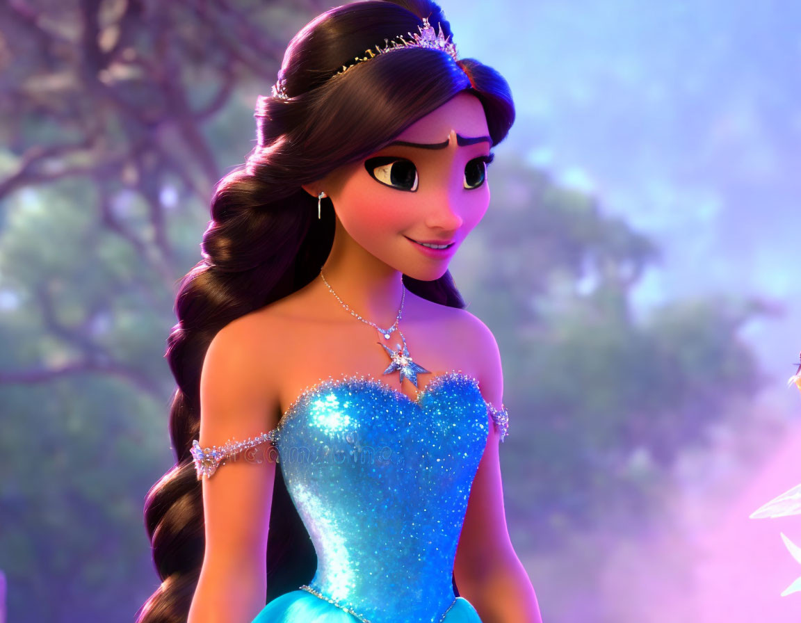Dark-Haired Princess in Blue Dress and Tiara in Enchanted Forest