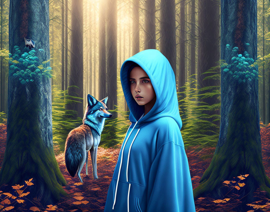 Person in Blue Hooded Cape with Fox in Mystical Forest with Blue Foliage