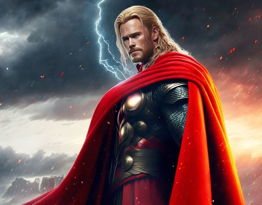 Blond superhero with red cape in dramatic lightning scene