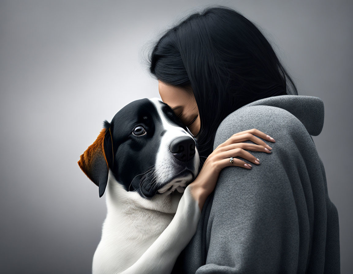 Woman embracing black and white dog affectionately.