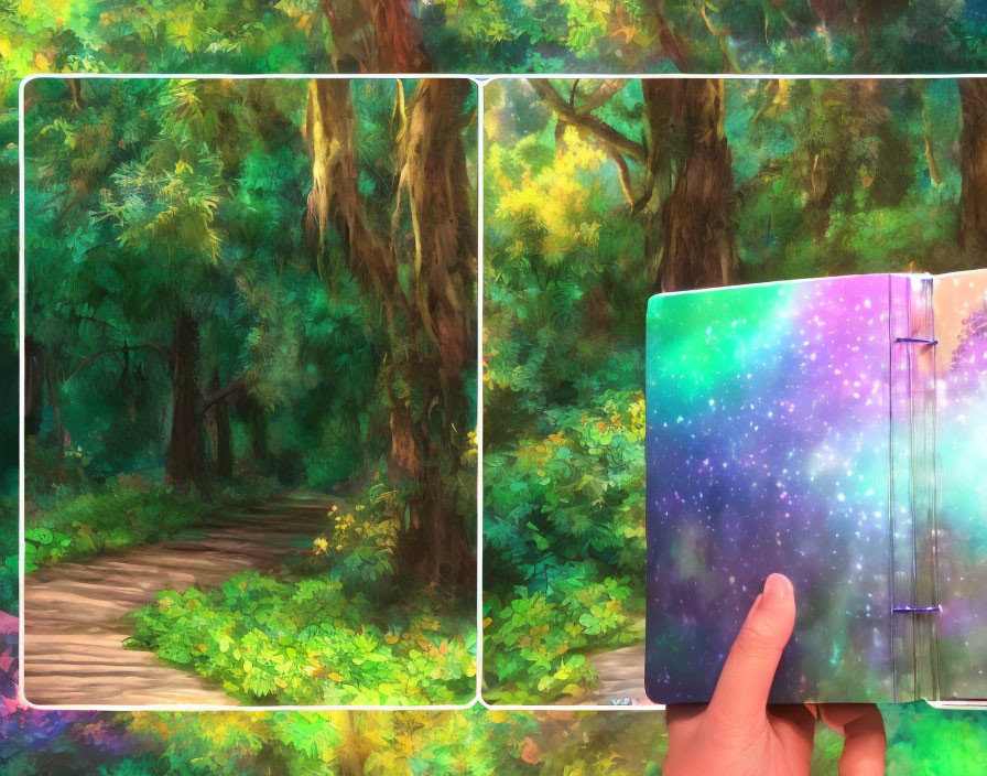 Hand holding card transforms forest into starry swing scene