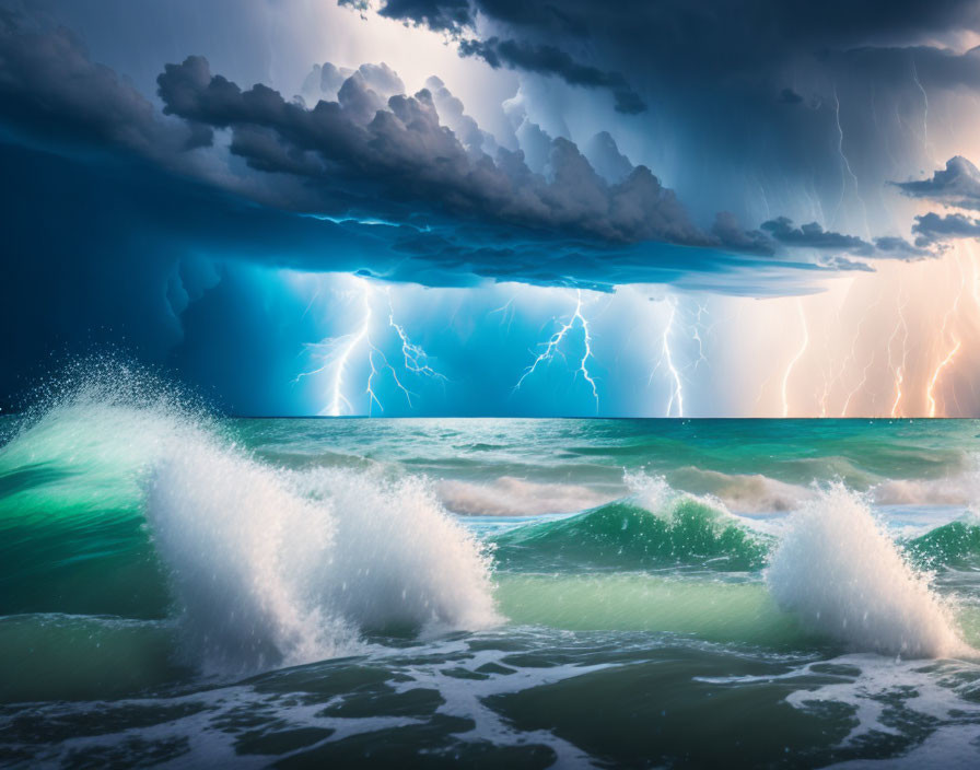 Dramatic ocean storm with thunderclouds and lightning.