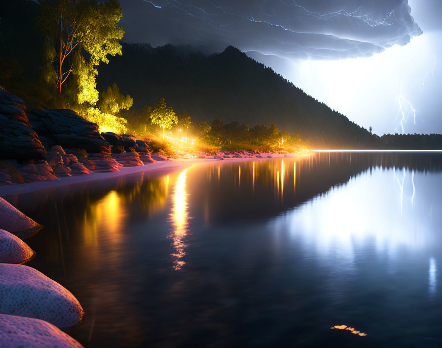 Nighttime lakeside scene with vibrant lightning and illuminated trees reflected on water.