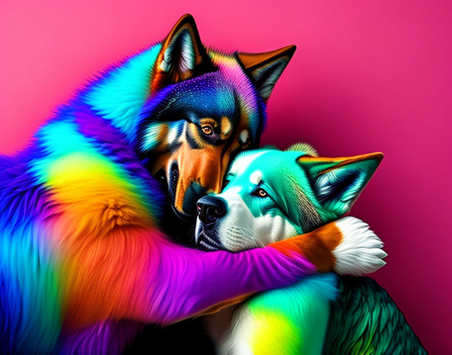 Vibrantly colored rainbow-hued dogs embracing on pink background