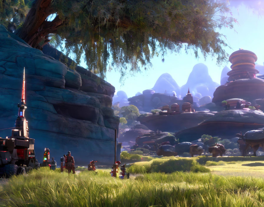 Animated landscape with greenery, rocks, futuristic structures, and space-suited characters.