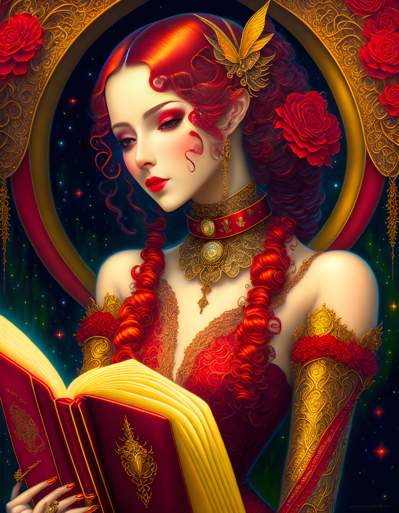 Colorful Illustration of Woman in Red and Gold Attire Holding Book