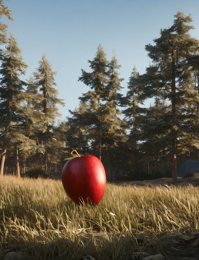 Vibrant red apple in grass field with pine trees and blue sky