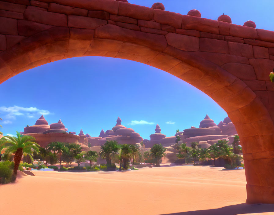 Desert landscape with terracotta archway and adobe village