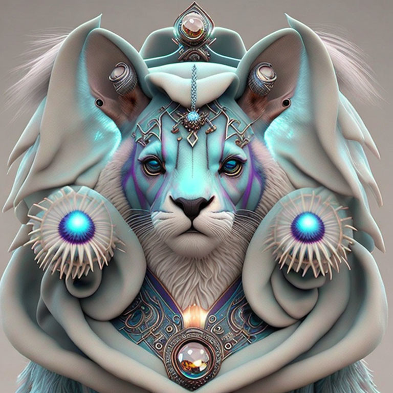 Stylized lion digital art with blue and purple hues and mystical symbols
