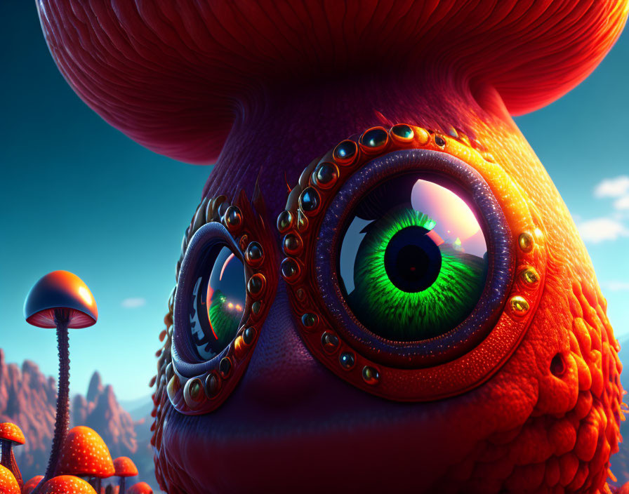 Colorful 3D illustration of whimsical creature with orange fur and steampunk goggles among red