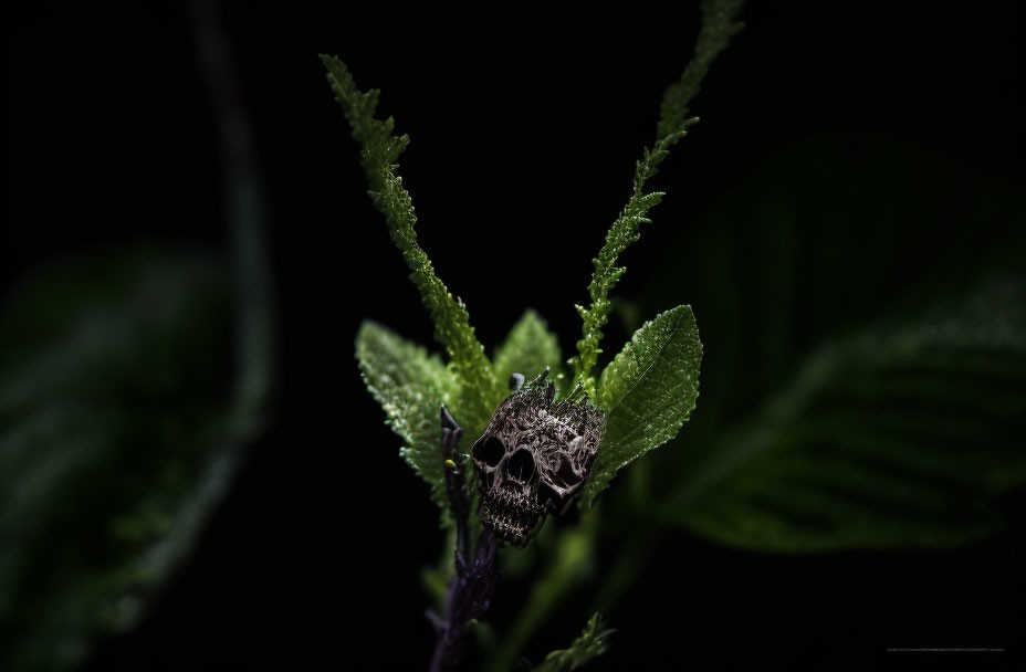 Skull-shaped insect on green plant stems against dark backdrop