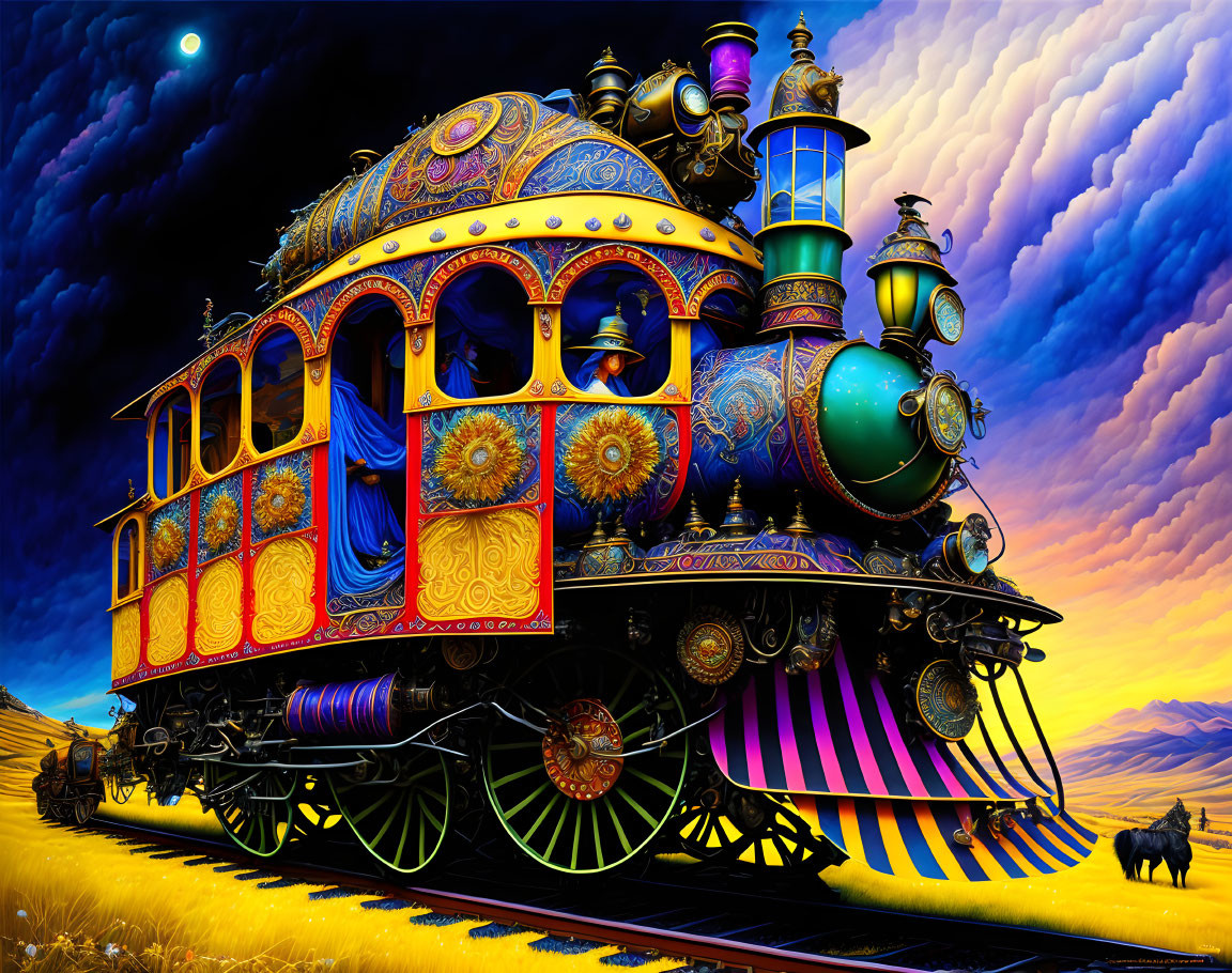 Colorful Steampunk-Style Train Under Twilight Sky