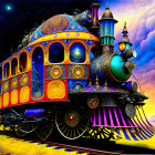 Colorful Steampunk-Style Train Under Twilight Sky