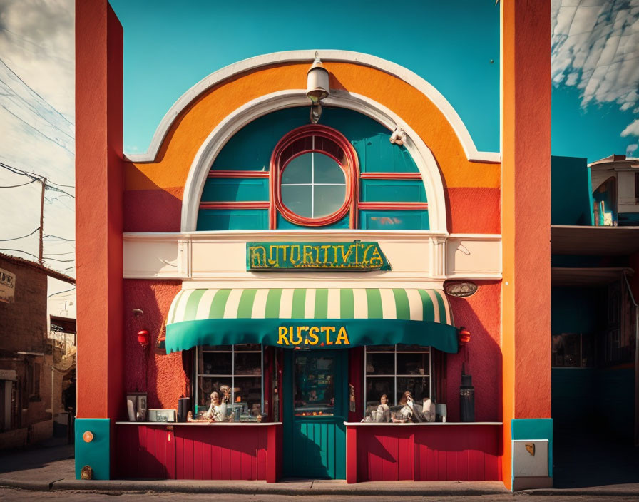 Vibrant retro diner facade with striped awning and outdoor diners