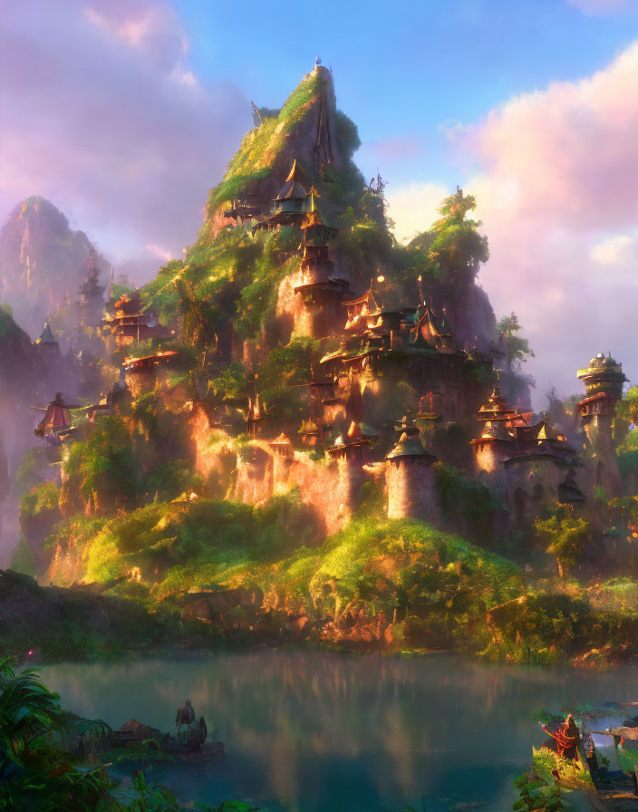 Mythical Mountain Village with Oriental Pagodas in Serene Landscape