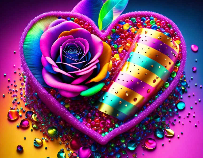 Colorful heart-shaped rose artwork with horn-like object and beads