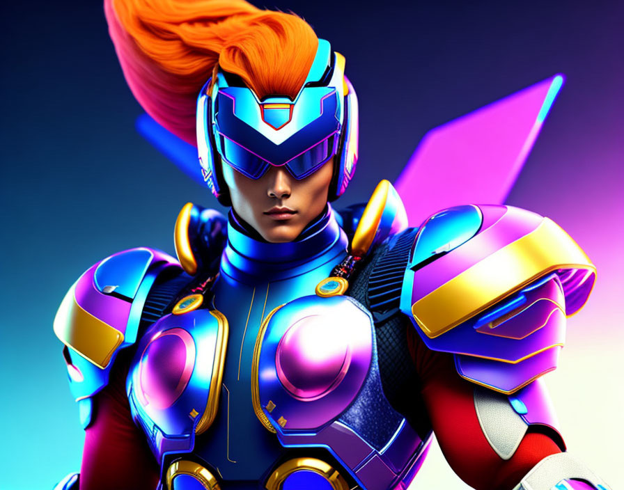 Character with Orange Hair in Futuristic Armor on Neon Background
