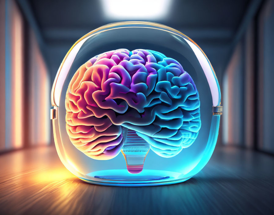 Vibrant human brain in futuristic sphere in dimly-lit corridor