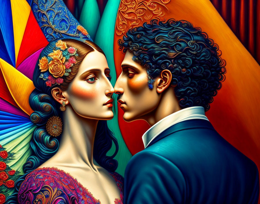 Vividly colored digital art: Man and woman in elegant attire against geometric backdrop