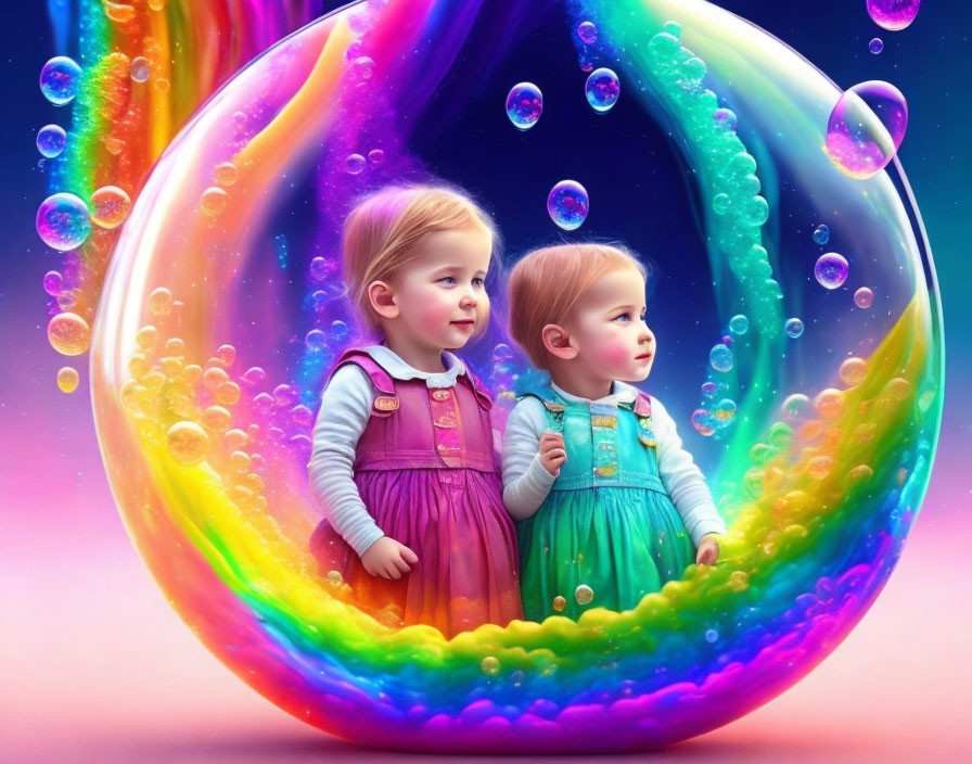 Two young girls in colorful overalls inside a vibrant, surreal bubble landscape