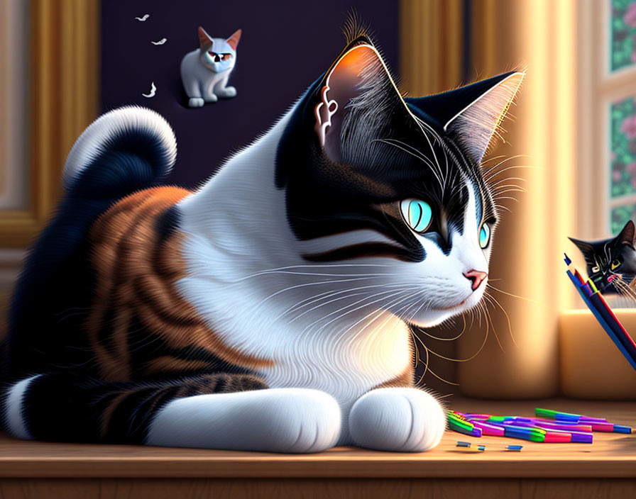 Colorful digital artwork featuring black and white cat with green eyes and colored pencils, with two cats in