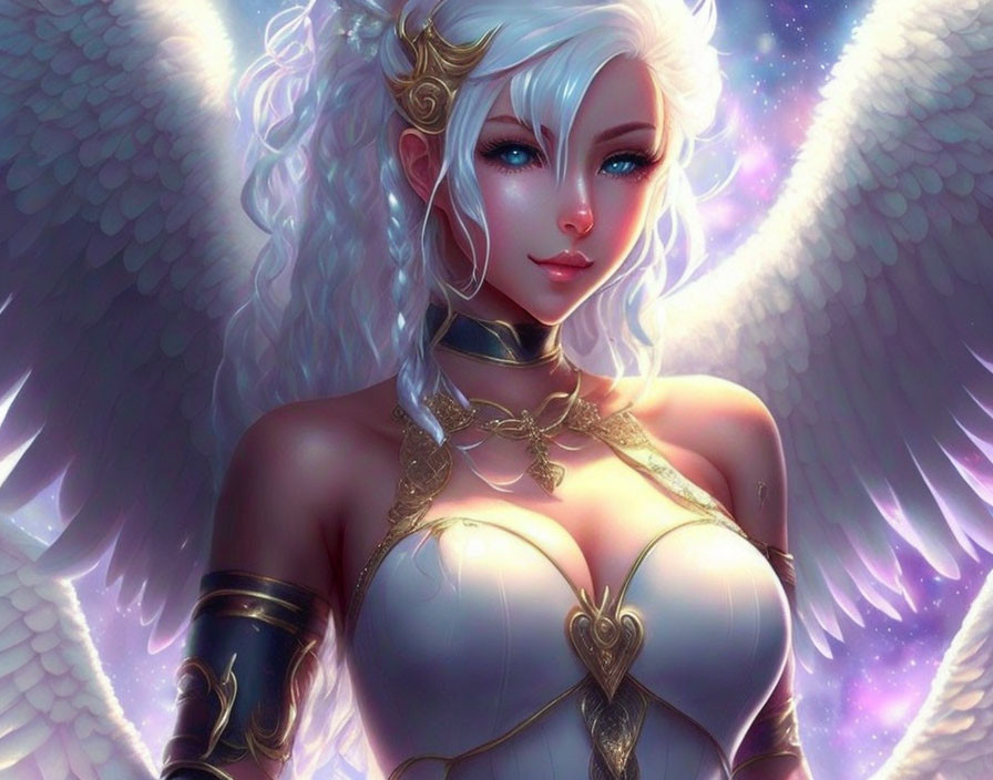 Illustration of angelic figure in golden armor and white wings