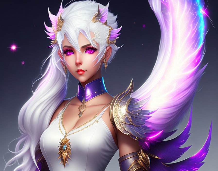 Fantasy illustration of a female character with white hair, elf-like ears, golden jewelry, purple collar