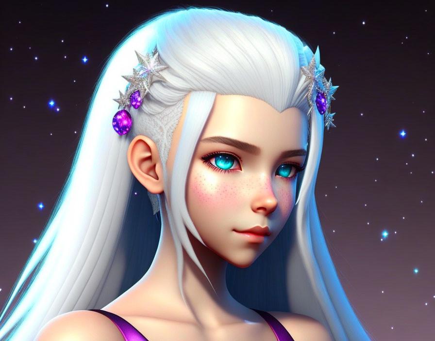 Digital Artwork: Female Character with White Hair, Blue Eyes, Freckles, and Star Jewelry