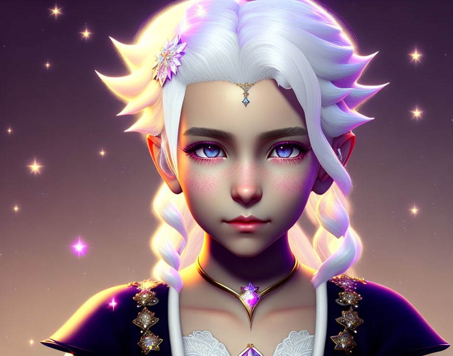 Fantasy character portrait with platinum blonde hair and violet eyes
