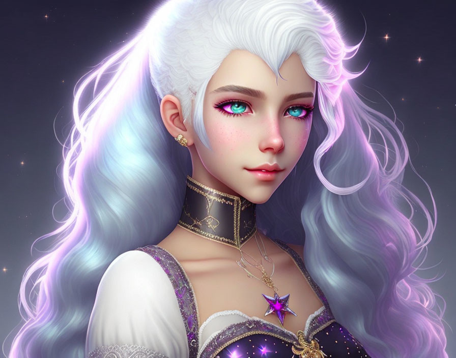 Young woman with white and purple hair, pink eyes, star-themed jewelry, mystical aura, against star