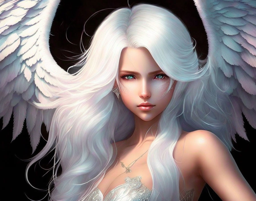 Illustration of woman with white hair and angel wings on dark background